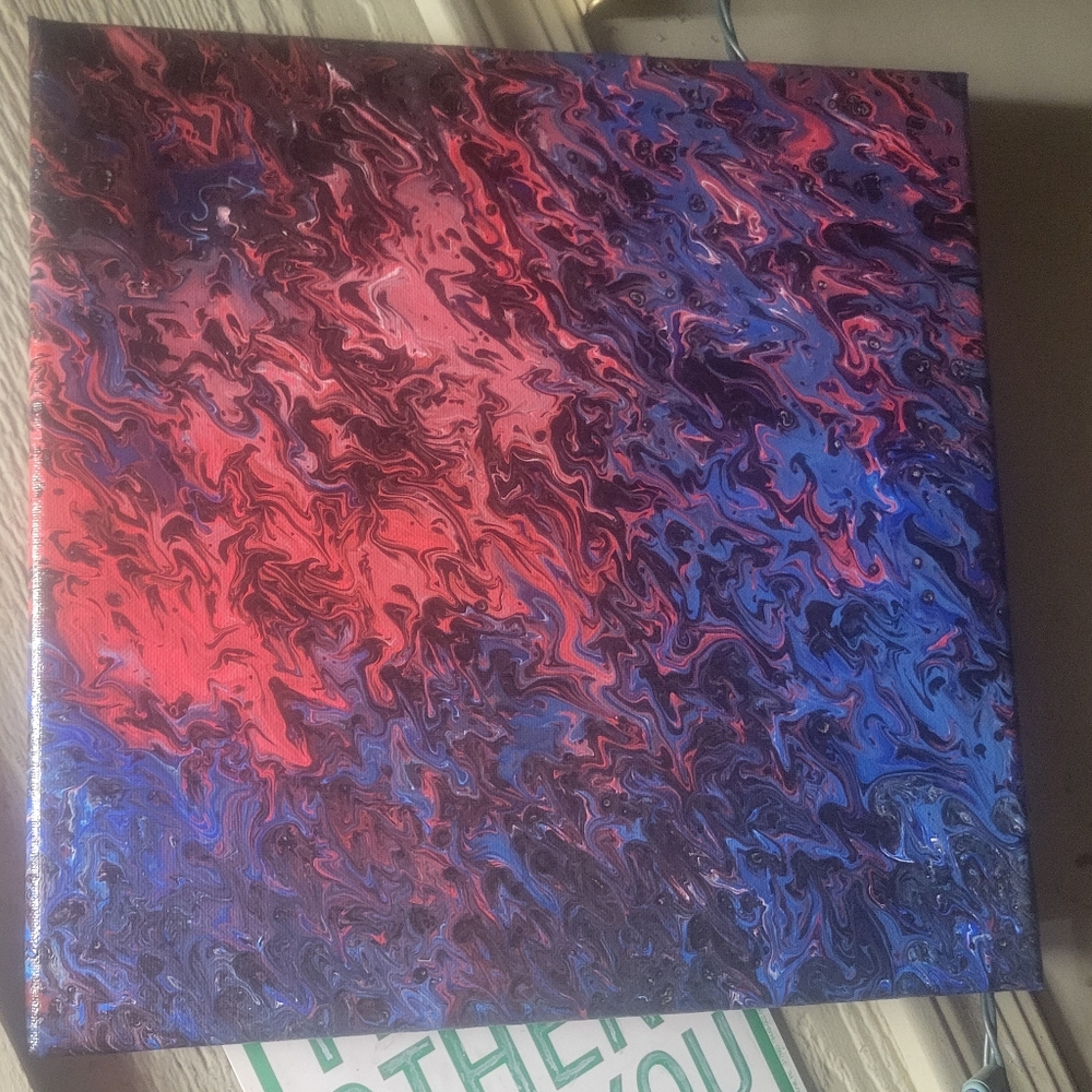 14x14 Awesome Red, Black, And Blue Pour Painting